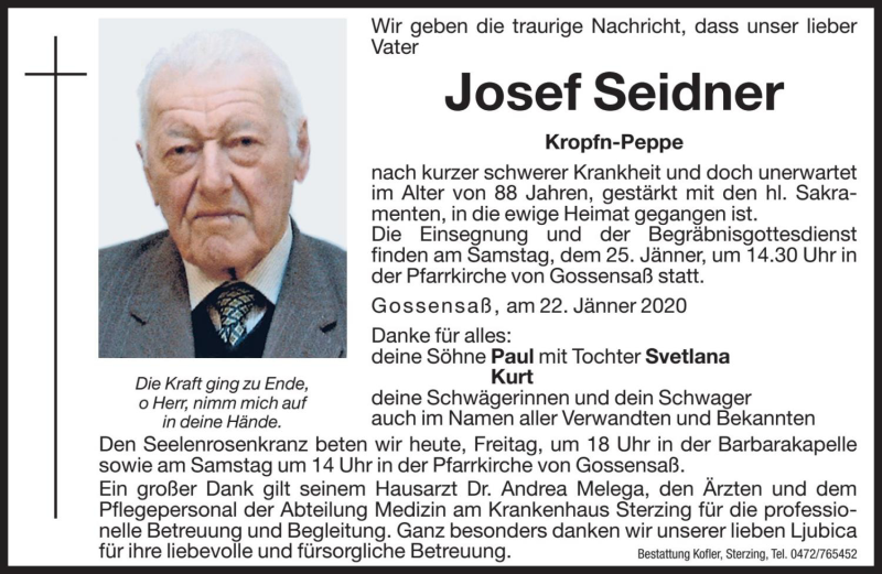  Traueranzeige für Josef Seidner vom 24.01.2020 aus Dolomiten