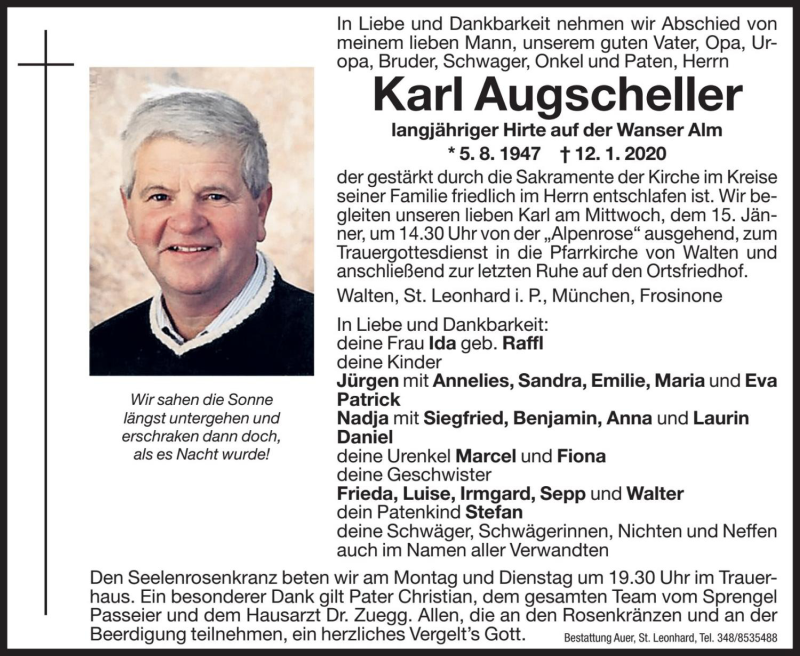  Traueranzeige für Karl Augscheller vom 13.01.2020 aus Dolomiten