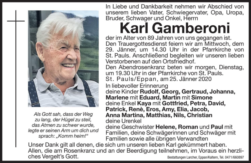  Traueranzeige für Karl Gamberoni vom 27.01.2020 aus Dolomiten