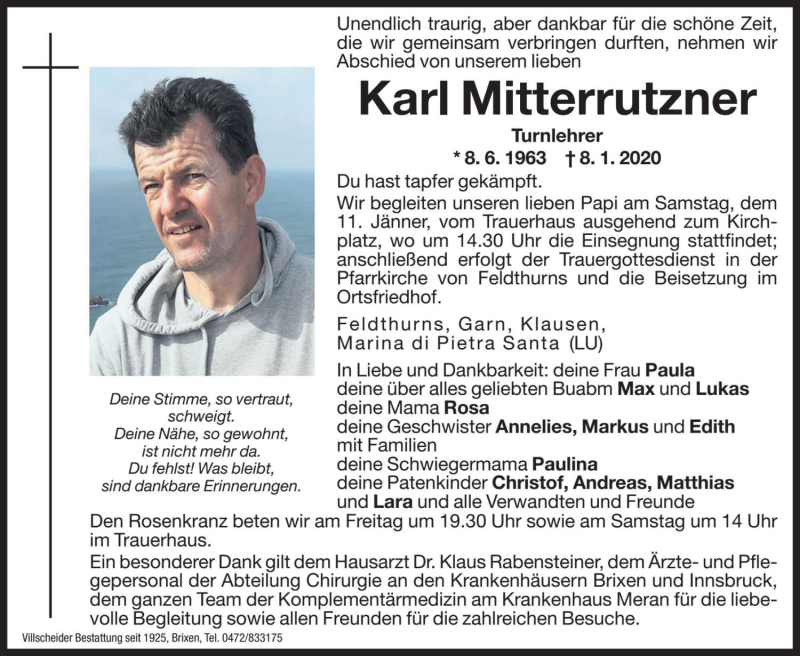  Traueranzeige für Karl Mitterrutzner vom 10.01.2020 aus Dolomiten