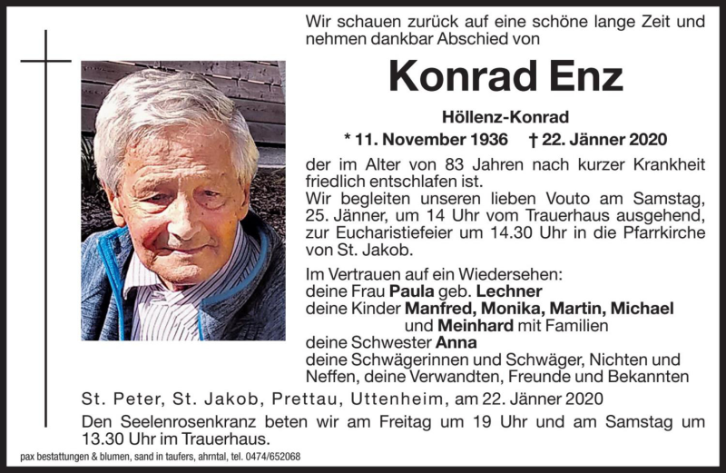  Traueranzeige für Konrad Enz vom 24.01.2020 aus Dolomiten