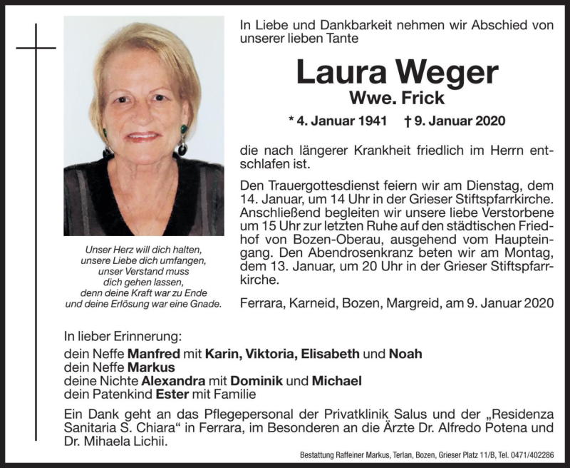  Traueranzeige für Laura Frick vom 11.01.2020 aus Dolomiten