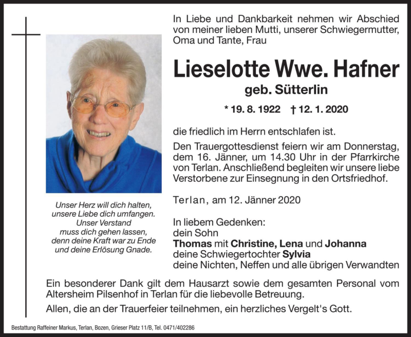  Traueranzeige für Lieselotte Hafner vom 14.01.2020 aus Dolomiten