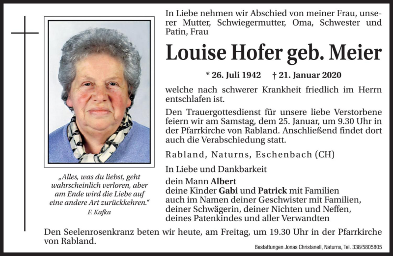  Traueranzeige für Louise Hofer vom 24.01.2020 aus Dolomiten