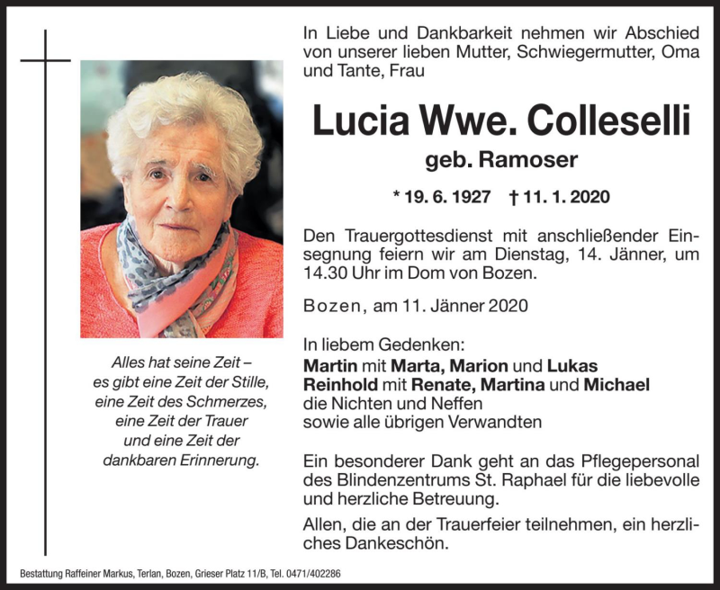  Traueranzeige für Lucia Colleselli vom 13.01.2020 aus Dolomiten