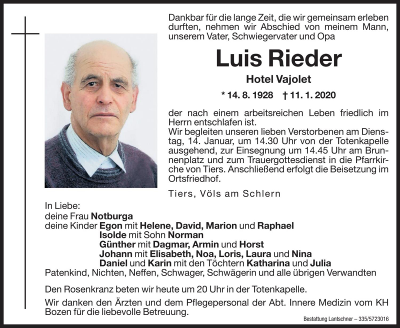  Traueranzeige für Luis Rieder vom 13.01.2020 aus Dolomiten