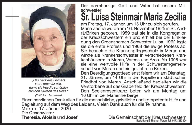  Traueranzeige für Luisa Maria Zecilia Steinmair vom 20.01.2020 aus Dolomiten