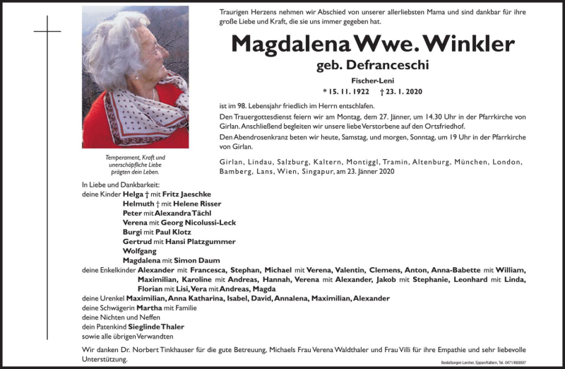  Traueranzeige für Magdalena Winkler vom 25.01.2020 aus Dolomiten