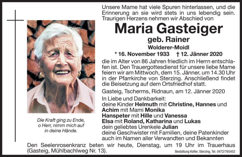  Traueranzeige für Maria Gasteiger vom 14.01.2020 aus Dolomiten