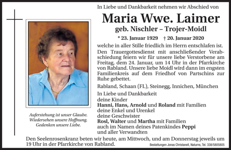  Traueranzeige für Maria Laimer vom 22.01.2020 aus Dolomiten