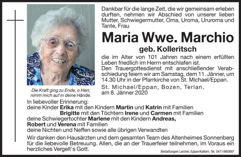  Traueranzeige für Maria Marchio vom 10.01.2020 aus Dolomiten