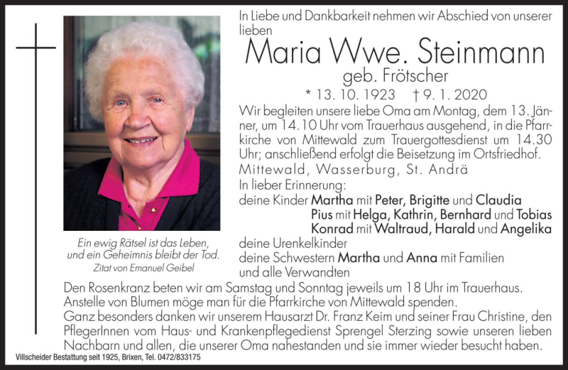  Traueranzeige für Maria Steinmann vom 11.01.2020 aus Dolomiten