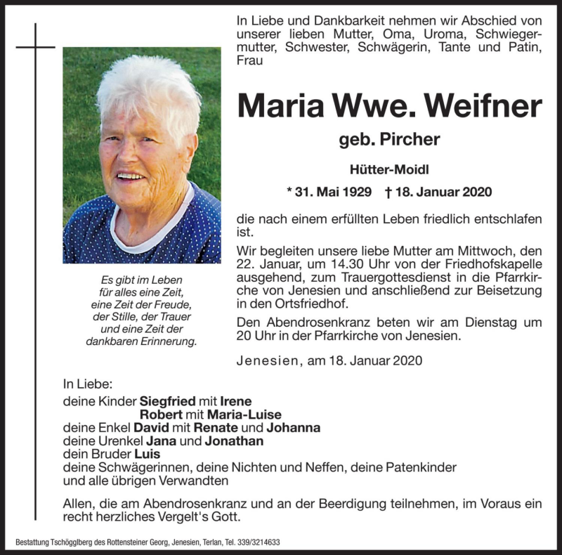  Traueranzeige für Maria Weifner vom 20.01.2020 aus Dolomiten