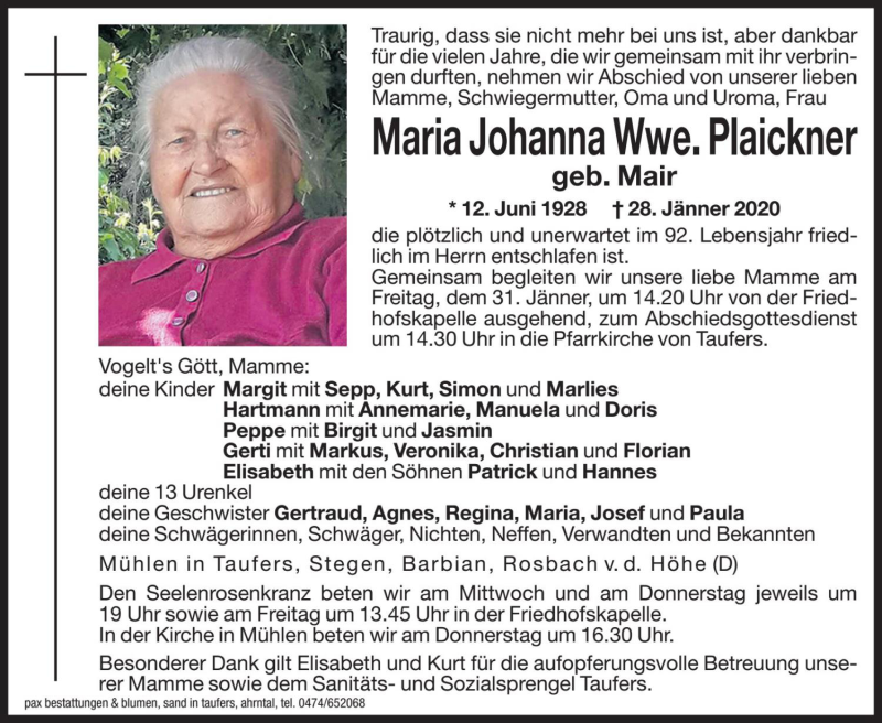  Traueranzeige für Maria Johanna Plaickner vom 29.01.2020 aus Dolomiten