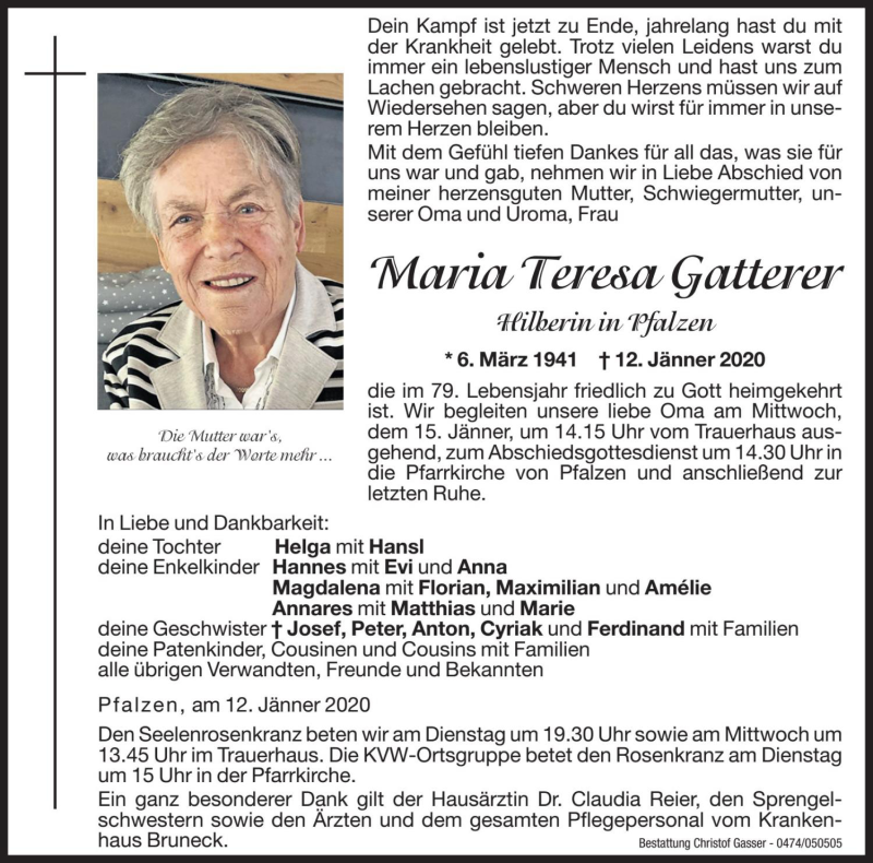  Traueranzeige für Maria Teresa Gatterer vom 14.01.2020 aus Dolomiten