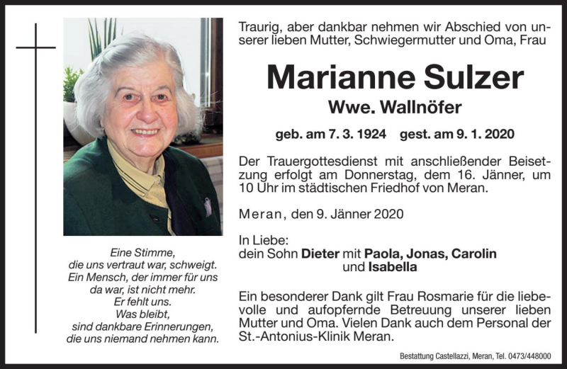  Traueranzeige für Marianne Wallnöfer vom 13.01.2020 aus Dolomiten