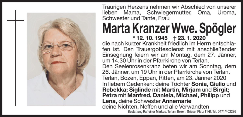 Traueranzeige für Marta Spögler vom 25.01.2020 aus Dolomiten