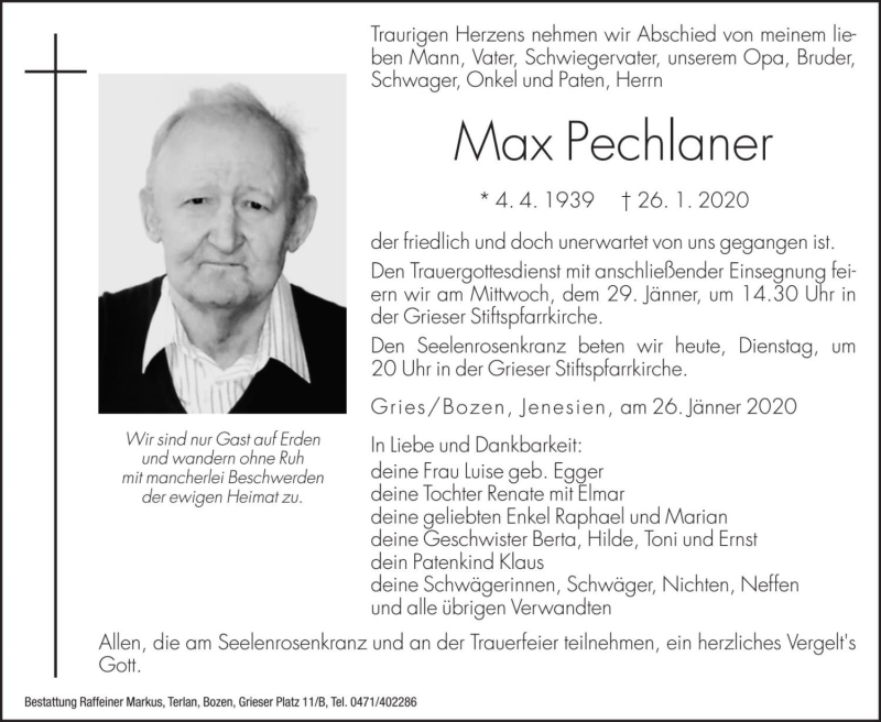  Traueranzeige für Max Pechlaner vom 28.01.2020 aus Dolomiten