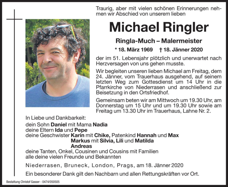  Traueranzeige für Michael Ringler vom 22.01.2020 aus Dolomiten