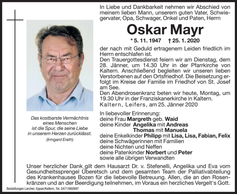  Traueranzeige für Oskar Mayr vom 27.01.2020 aus Dolomiten