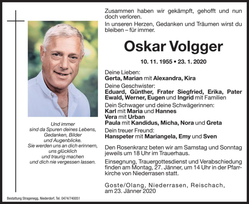  Traueranzeige für Oskar Volgger vom 25.01.2020 aus Dolomiten