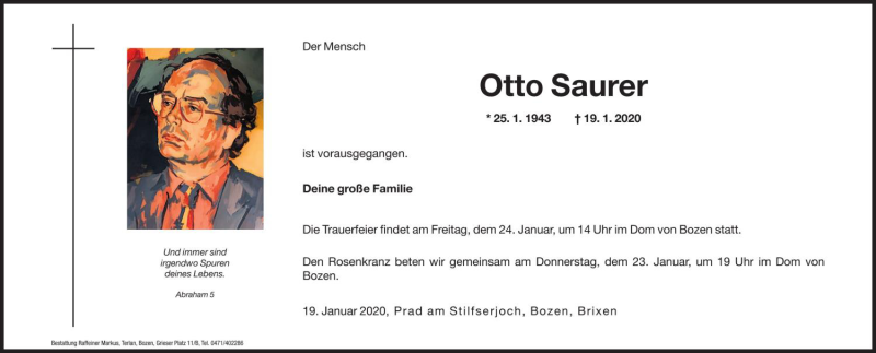 Traueranzeige für Otto Saurer vom 22.01.2020 aus Dolomiten