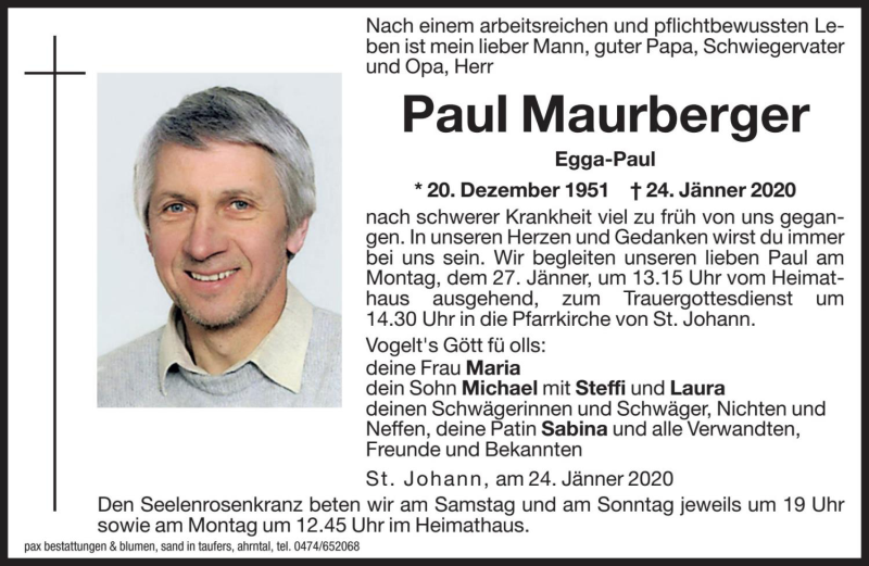  Traueranzeige für Paul Maurberger vom 25.01.2020 aus Dolomiten
