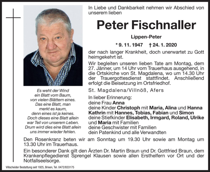  Traueranzeige für Peter Fischnaller vom 25.01.2020 aus Dolomiten