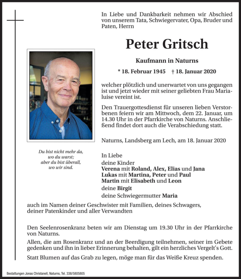  Traueranzeige für Peter Gritsch vom 20.01.2020 aus Dolomiten