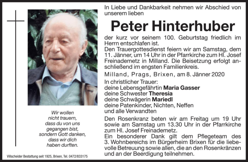  Traueranzeige für Peter Hinterhuber vom 10.01.2020 aus Dolomiten