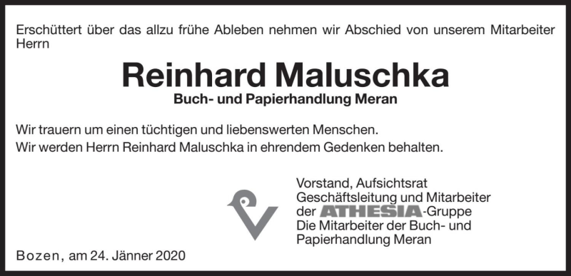  Traueranzeige für Reinhard Maluschka vom 25.01.2020 aus Dolomiten
