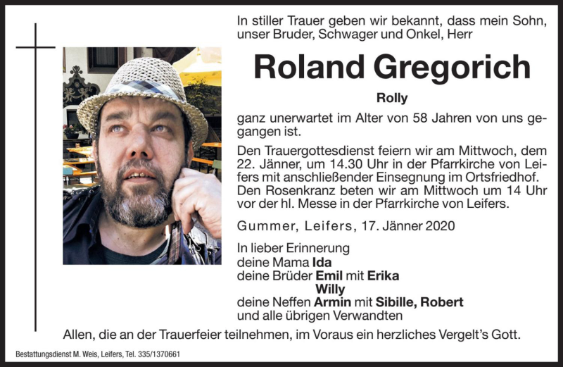  Traueranzeige für Roland Gregorich vom 20.01.2020 aus Dolomiten