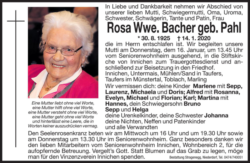  Traueranzeige für Rosa Bacher vom 15.01.2020 aus Dolomiten