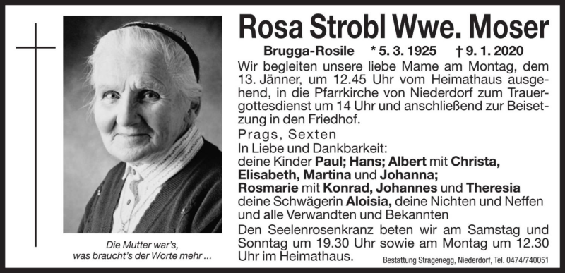  Traueranzeige für Rosa Moser vom 11.01.2020 aus Dolomiten