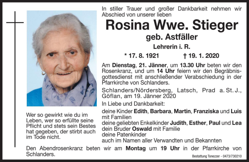  Traueranzeige für Rosina Stieger vom 20.01.2020 aus Dolomiten