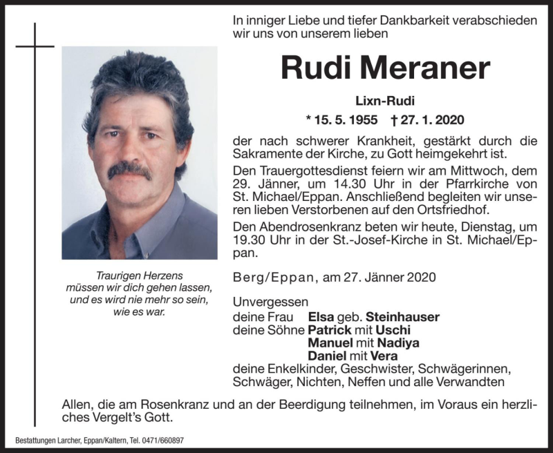  Traueranzeige für Rudi Meraner vom 28.01.2020 aus Dolomiten