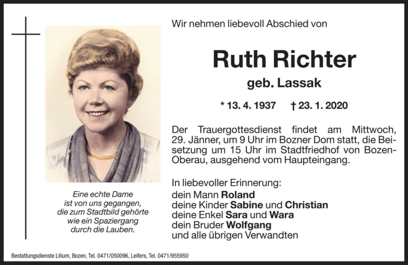  Traueranzeige für Ruth Richter vom 28.01.2020 aus Dolomiten