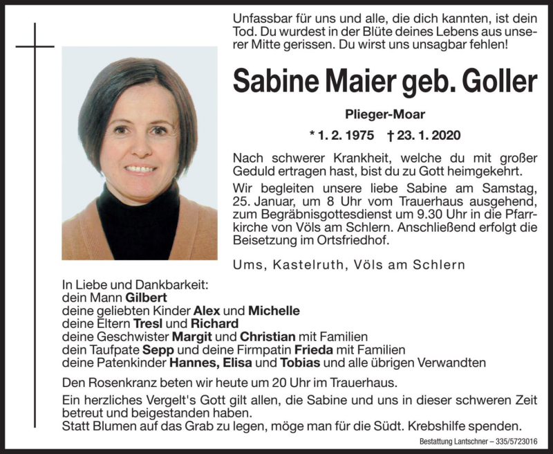  Traueranzeige für Sabine Maier vom 24.01.2020 aus Dolomiten