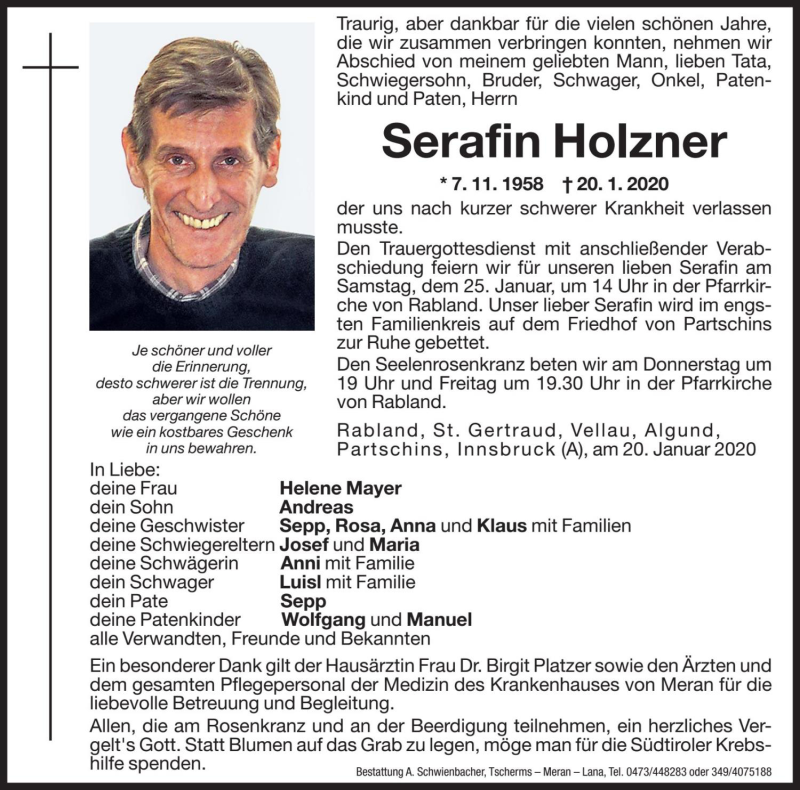  Traueranzeige für Serafin Holzner vom 22.01.2020 aus Dolomiten
