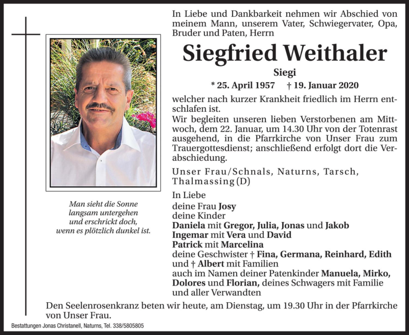  Traueranzeige für Siegfried Weithaler vom 21.01.2020 aus Dolomiten