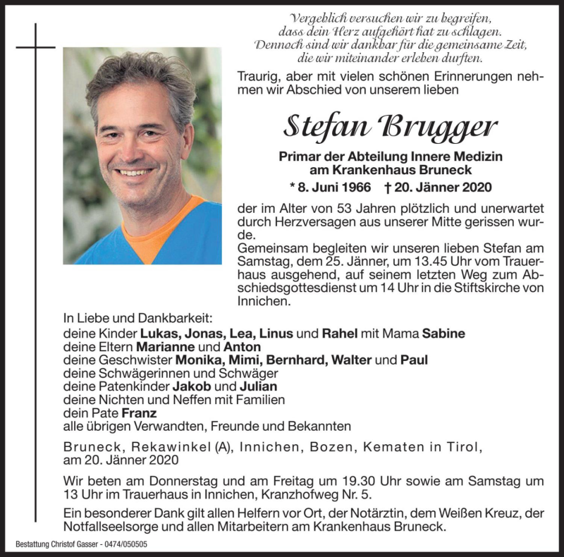  Traueranzeige für Stefan Brugger vom 23.01.2020 aus Dolomiten
