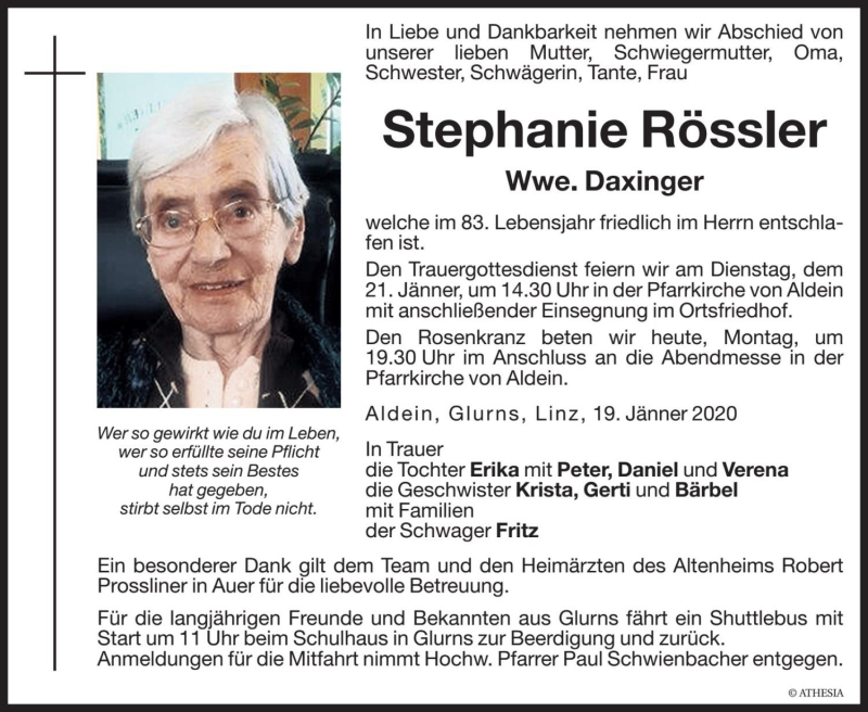  Traueranzeige für Stephanie Rössler vom 20.01.2020 aus Dolomiten