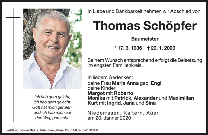  Traueranzeige für Thomas Schöpfer vom 24.01.2020 aus Dolomiten