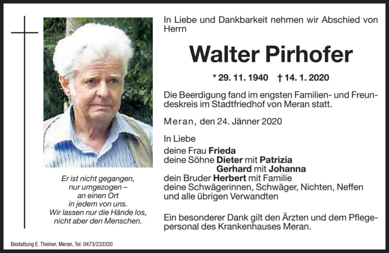  Traueranzeige für Walter Pirhofer vom 24.01.2020 aus Dolomiten