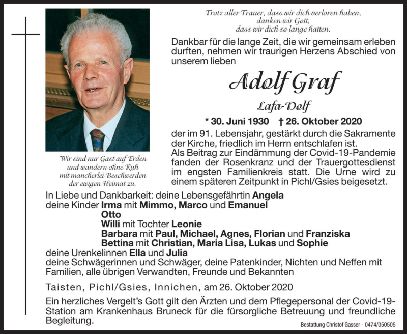  Traueranzeige für Adolf Graf vom 30.10.2020 aus Dolomiten