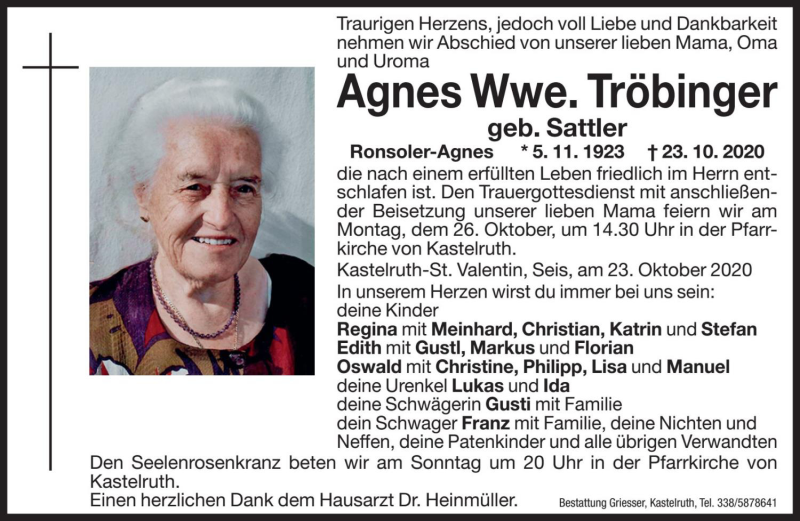  Traueranzeige für Agnes Tröbinger vom 24.10.2020 aus Dolomiten