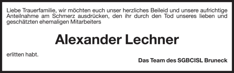  Traueranzeige für Alexander Lechner vom 17.10.2020 aus Dolomiten