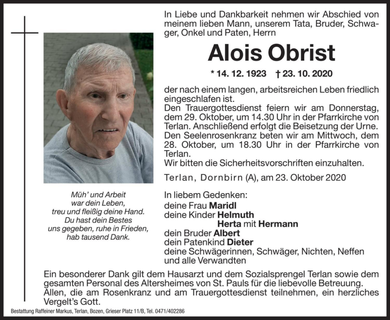  Traueranzeige für Alois Obrist vom 24.10.2020 aus Dolomiten