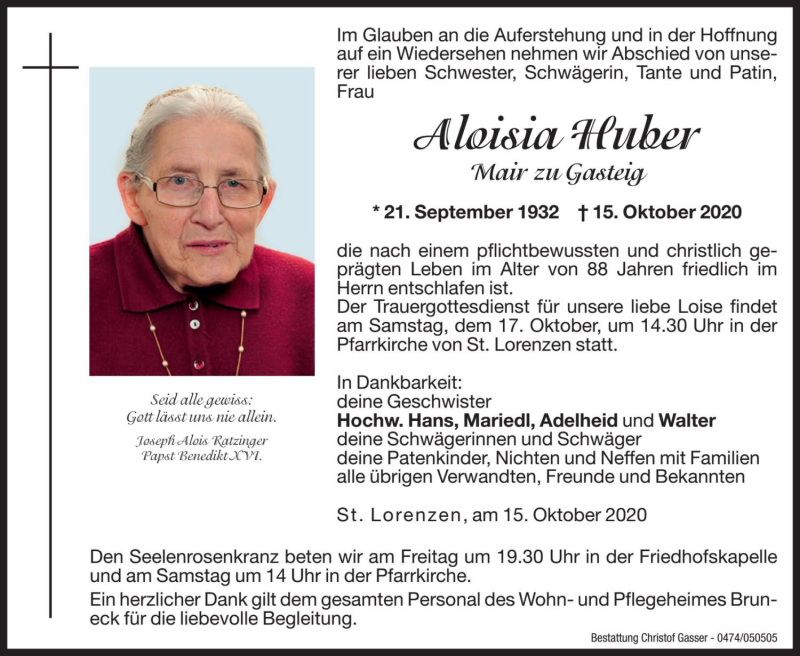  Traueranzeige für Aloisia Huber vom 16.10.2020 aus Dolomiten