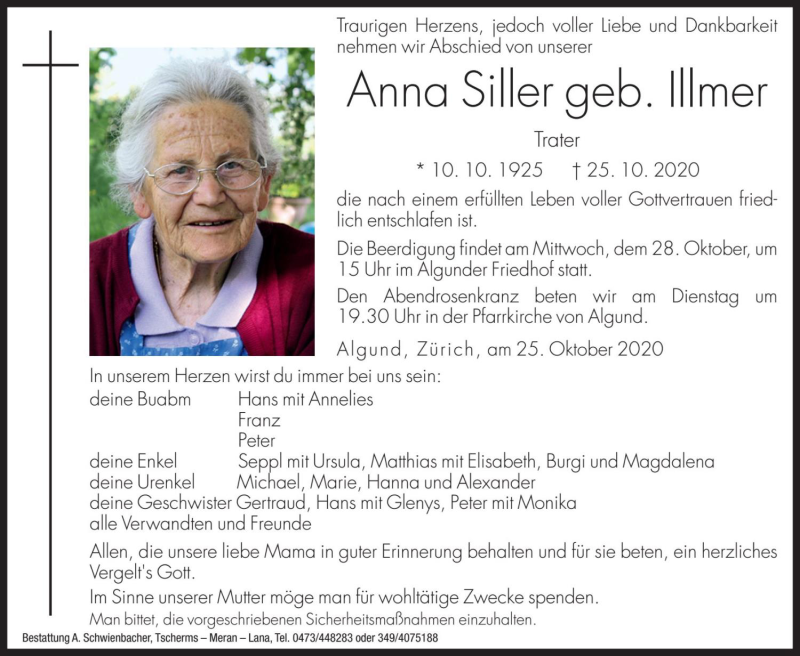  Traueranzeige für Anna Siller vom 27.10.2020 aus Dolomiten